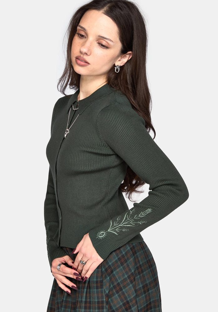 Cybele Embroidered Button Up Ribbed Knit Cardigan - Green