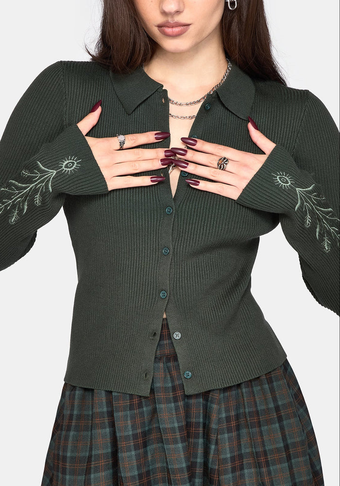 Cybele Embroidered Button Up Ribbed Knit Cardigan - Green