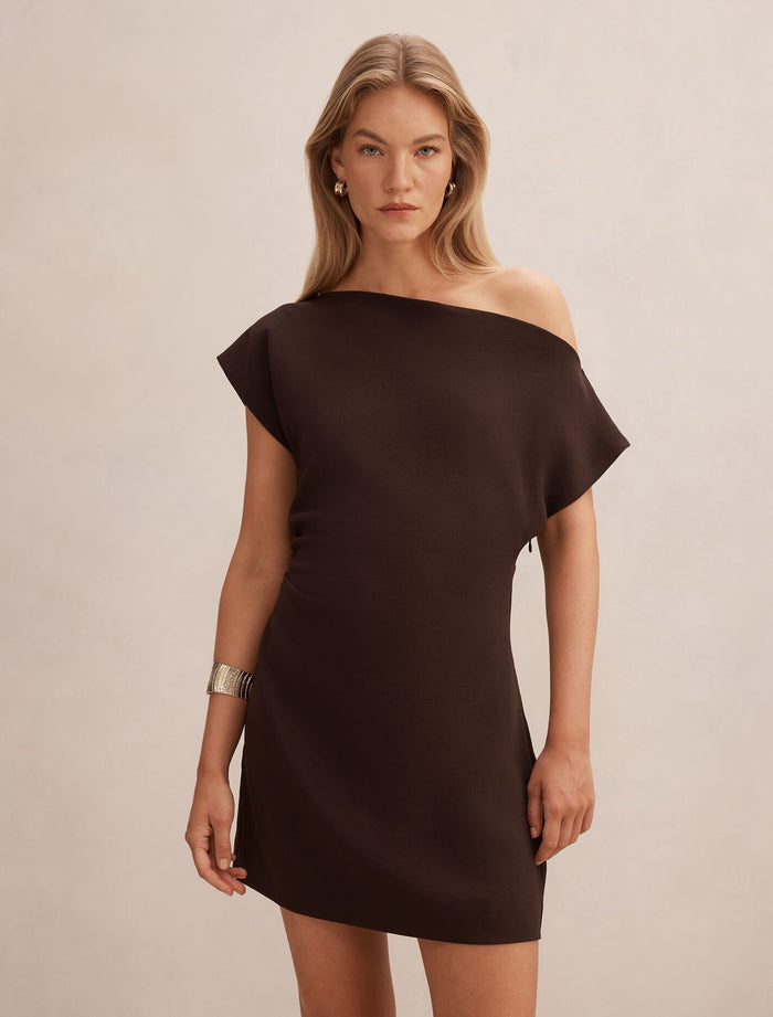 Danielle Asymmetrical Mini Dress Chocolate Forever New