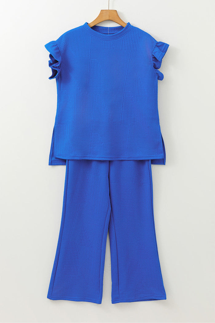 Dark Blue Ruffled Sleeve Summer Top and Cropped Loose Trousers Set - Two Piece Sets/Pant Sets