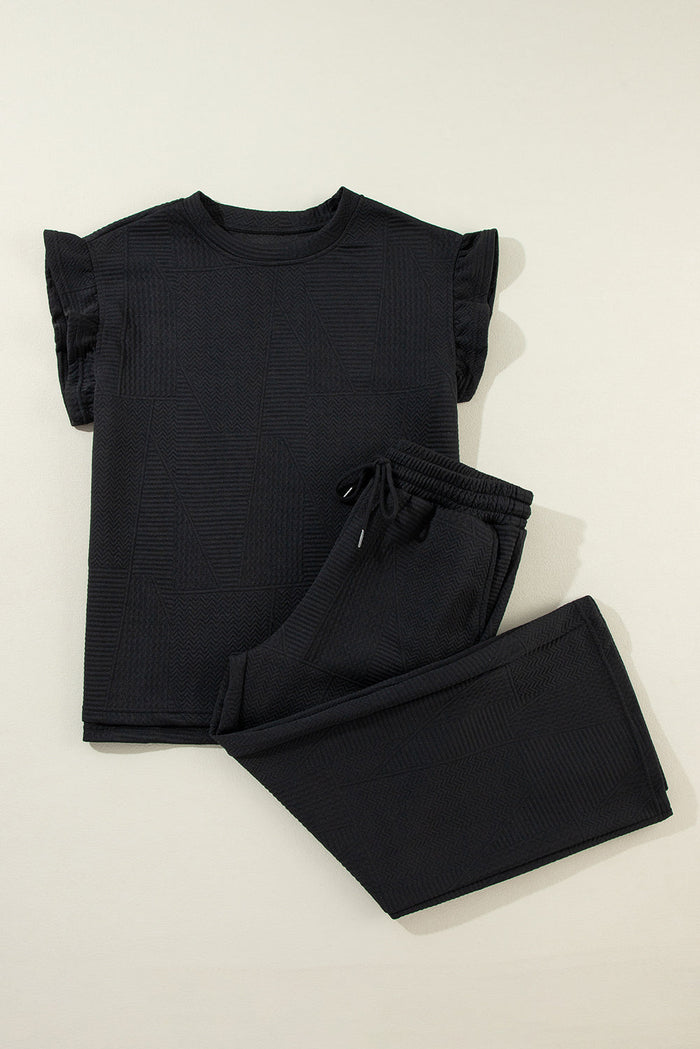 Dark Blue Ruffled Sleeve Summer Top and Cropped Loose Trousers Set - Two Piece Sets/Pant Sets