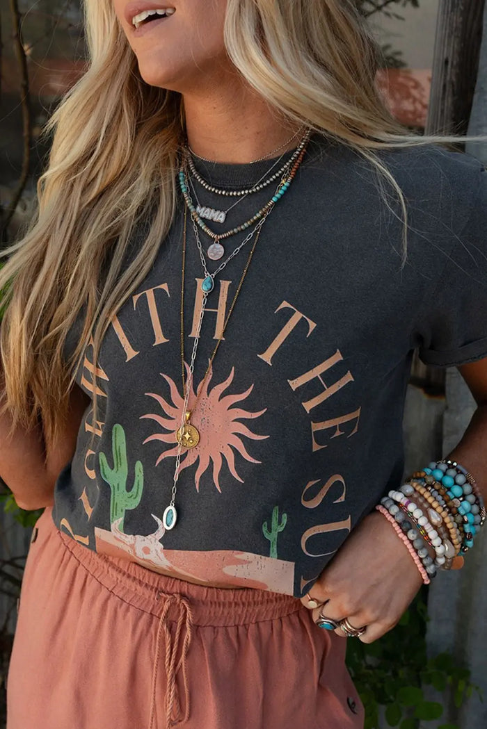 Dark Grey RISE WITH THE SUN Western Fashion Graphic Tee - S - Tops/Tops & Tees