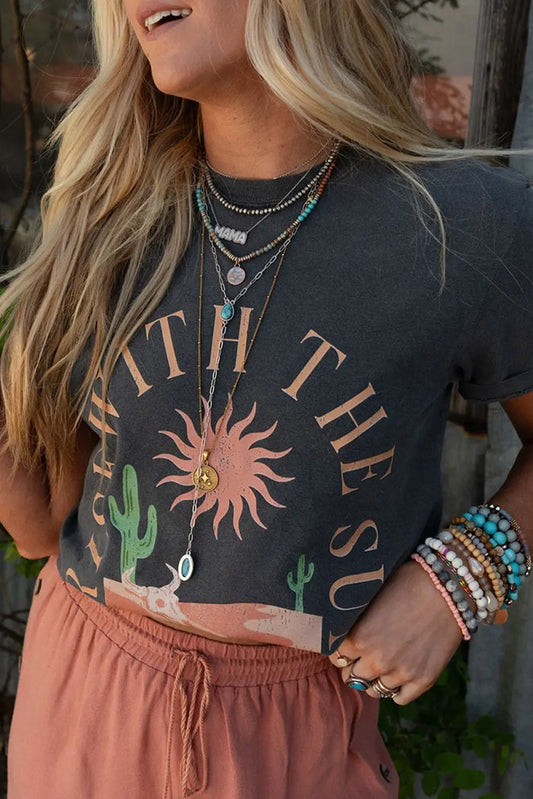 Dark Grey RISE WITH THE SUN Western Fashion Graphic Tee - S - Tops/Tops & Tees