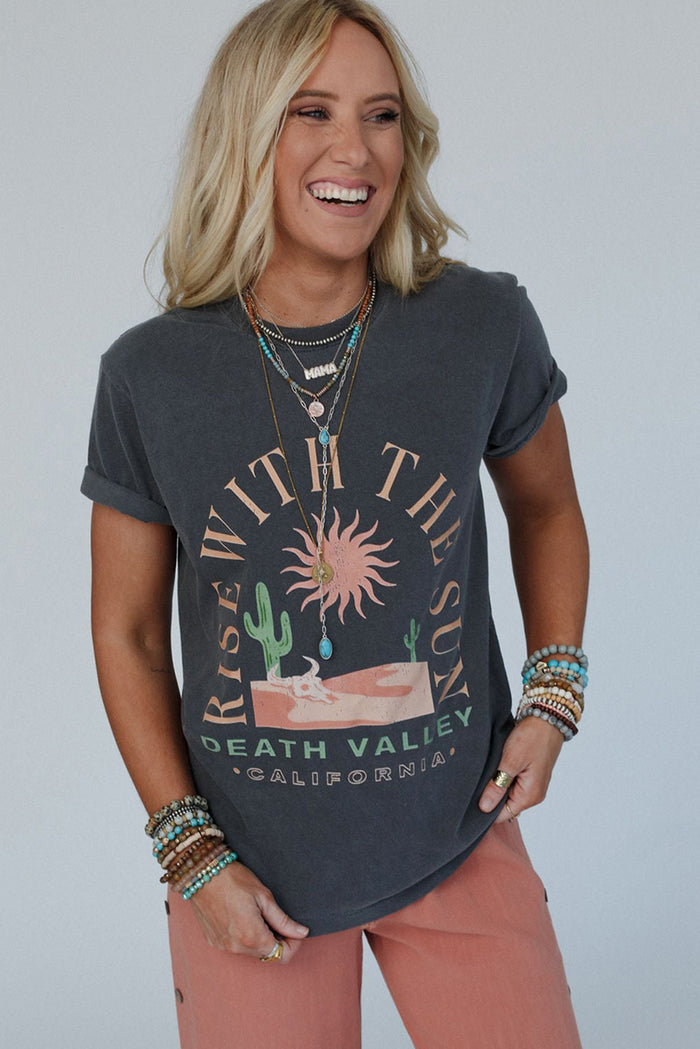 Dark Grey RISE WITH THE SUN Western Fashion Graphic Tee - Tops/Tops & Tees