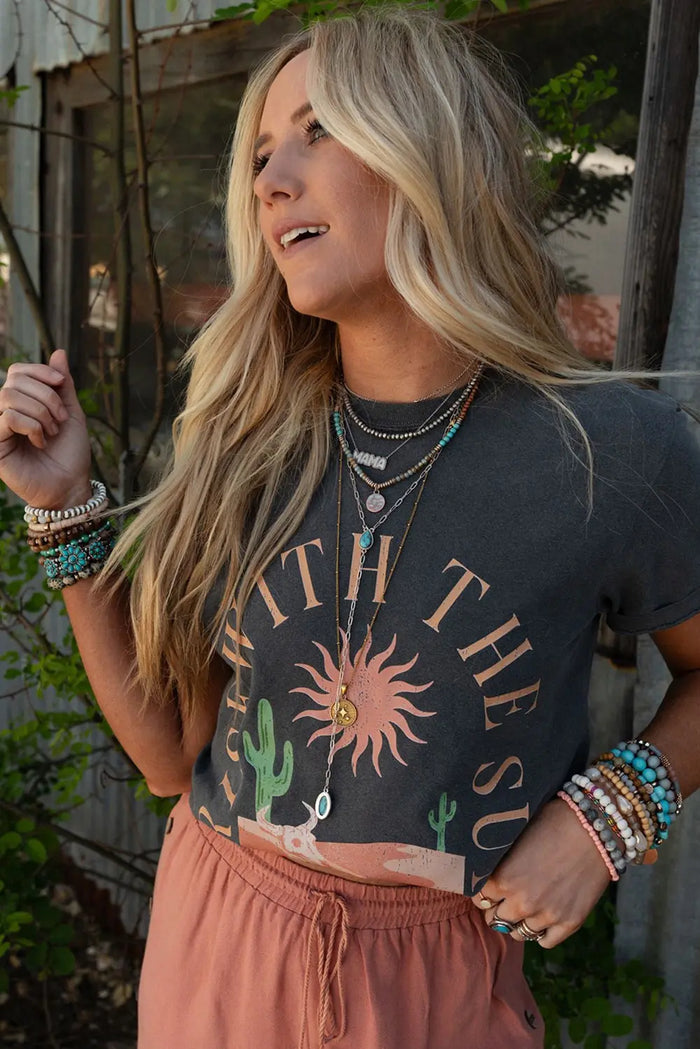 Dark Grey RISE WITH THE SUN Western Fashion Graphic Tee - Tops/Tops & Tees