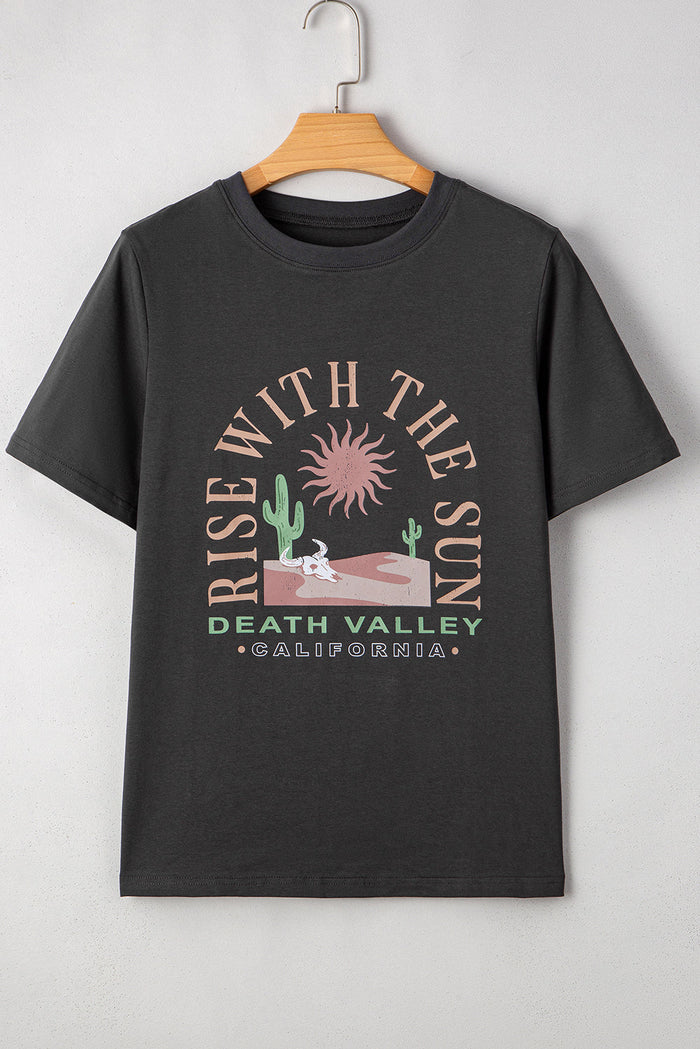 Dark Grey RISE WITH THE SUN Western Fashion Graphic Tee - Tops/Tops & Tees