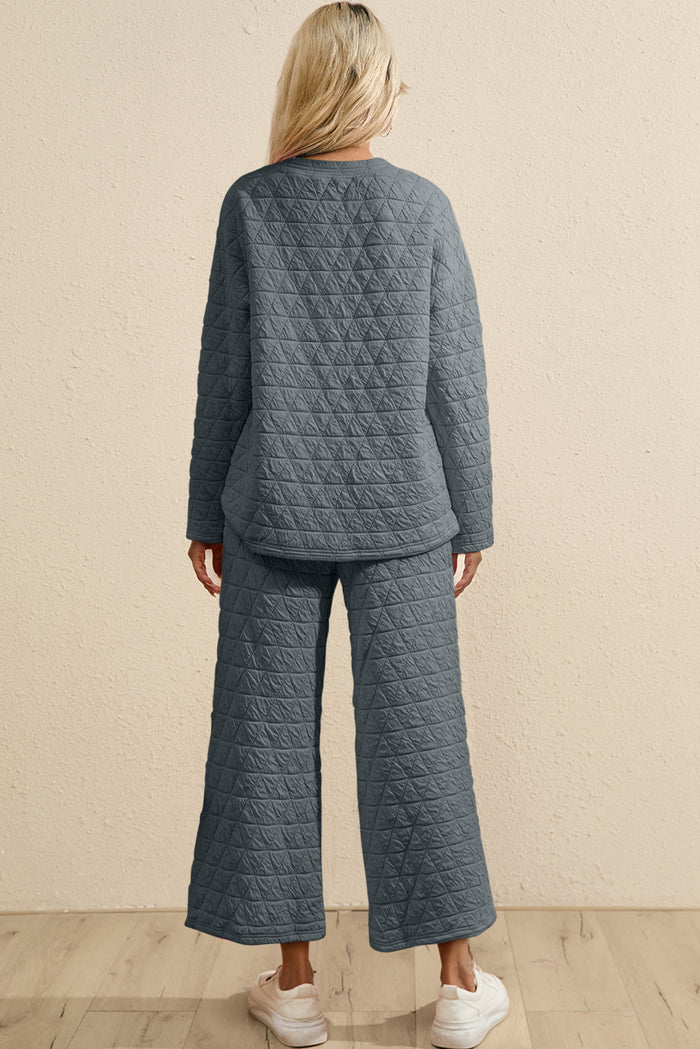 Dark Grey Solid Quilted Pullover and Trousers Outfit - Two Piece Sets/Pant Sets