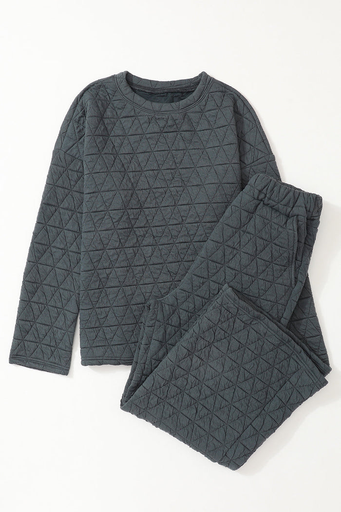 Dark Grey Solid Quilted Pullover and Trousers Outfit - Two Piece Sets/Pant Sets