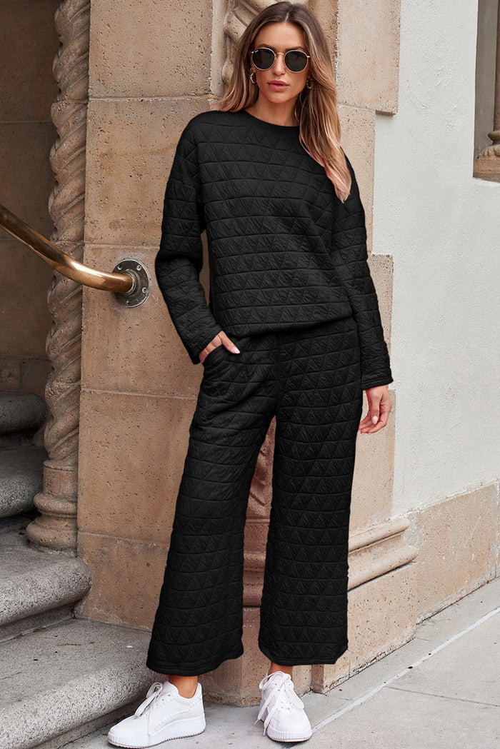 Dark Grey Solid Quilted Pullover and Trousers Outfit - BLACK / S / 95% POLYESTER + 5% ELASTANE - Two Piece Sets/Pant