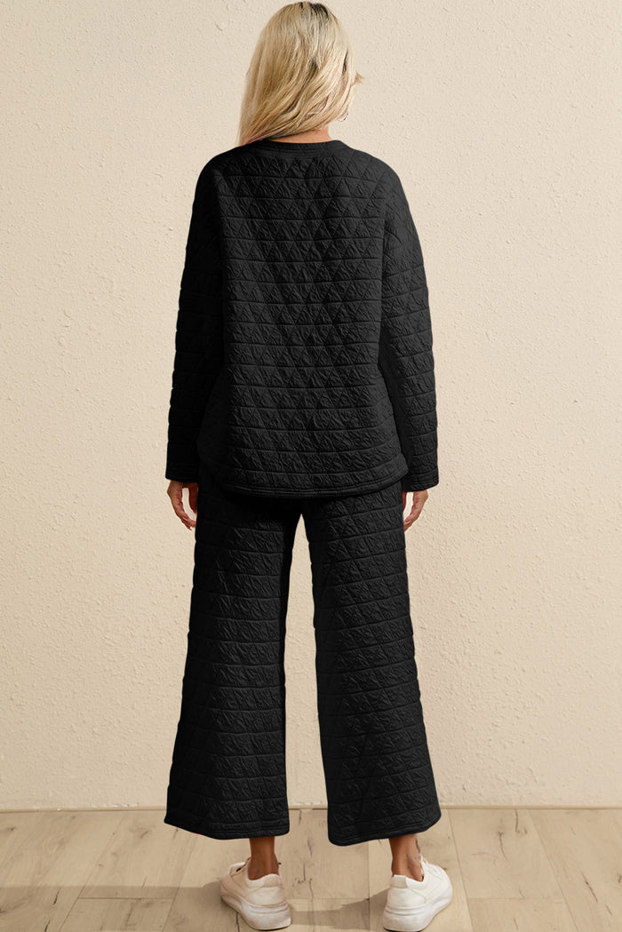 Dark Grey Solid Quilted Pullover and Trousers Outfit - Two Piece Sets/Pant Sets