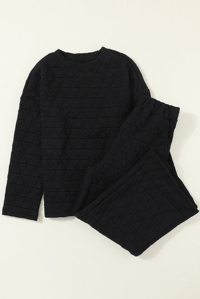 Dark Grey Solid Quilted Pullover and Trousers Outfit - Two Piece Sets/Pant Sets