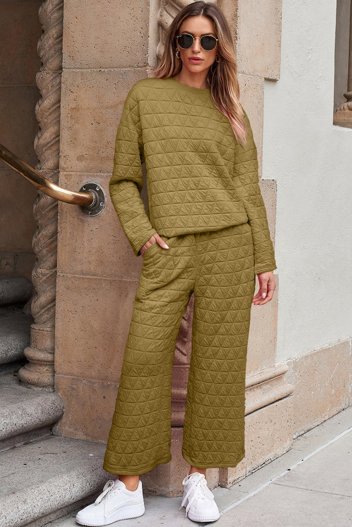 Dark Grey Solid Quilted Pullover and Trousers Outfit - SAGE GREEN / S / 95% POLYESTER + 5% ELASTANE - Two Piece