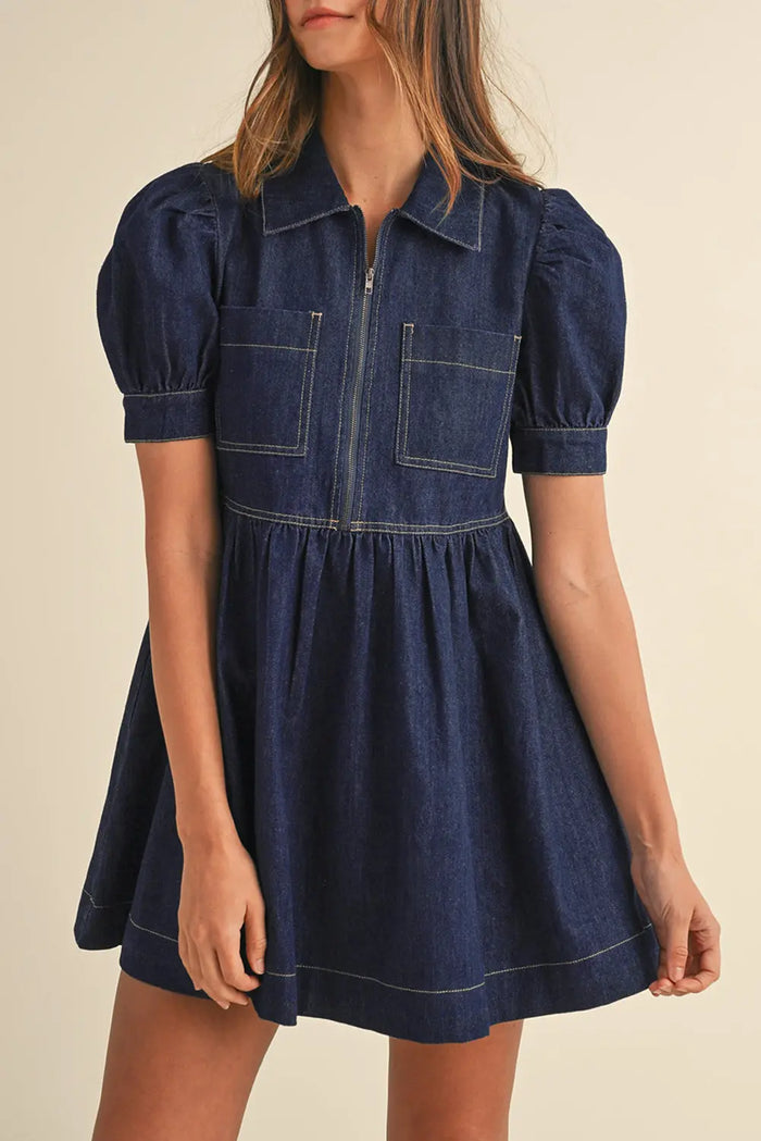 Dirty blue Zipped up Bodice Collared Short Puff Sleeve Denim Dress - S / 82% Cotton + 10% Polyester + 8% Viscose