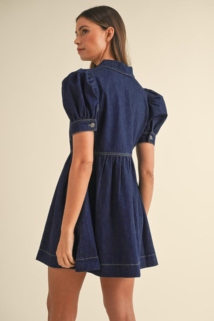 Dirty blue Zipped up Bodice Collared Short Puff Sleeve Denim Dress - Dresses/Mini Dresses
