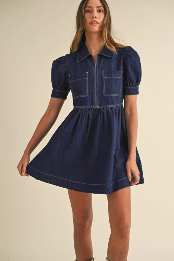 Dirty blue Zipped up Bodice Collared Short Puff Sleeve Denim Dress - Dresses/Mini Dresses