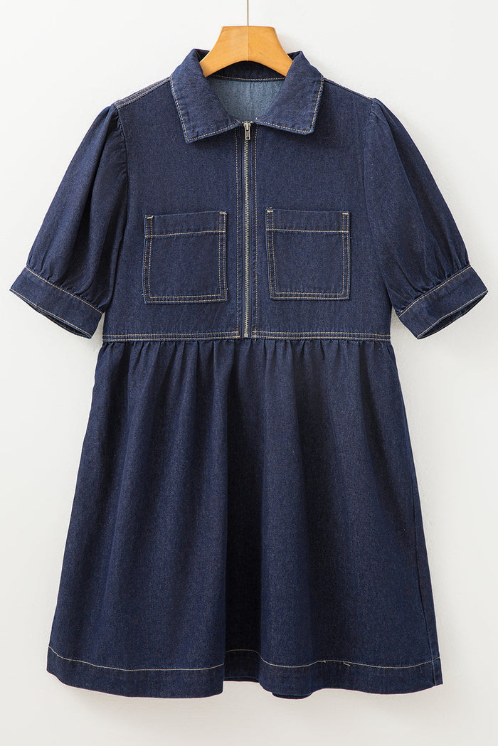 Dirty blue Zipped up Bodice Collared Short Puff Sleeve Denim Dress - Dresses/Mini Dresses