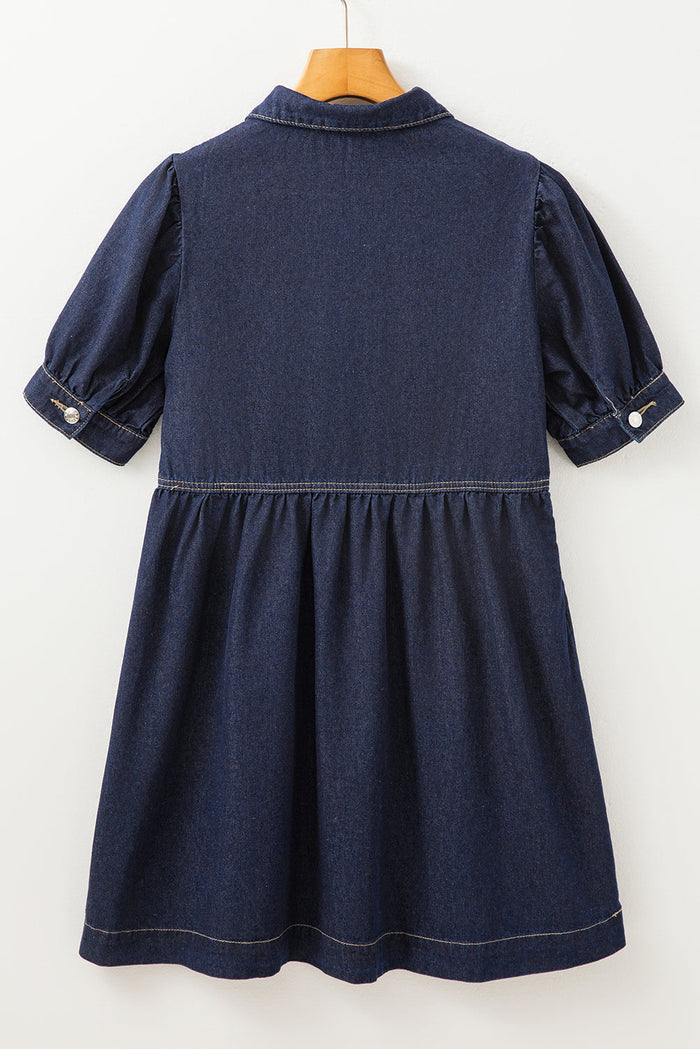 Dirty blue Zipped up Bodice Collared Short Puff Sleeve Denim Dress - Dresses/Mini Dresses