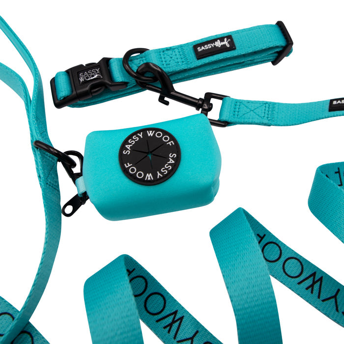 Dog Collar Three Piece Bundle - Neon Blue by Sassy Woof, featuring a leash, collar, and waste bag holder with the Sassy Woof logo on both the holder and leash, displayed on a white background. These vibrant neon blue accessories brighten up your pup’s look while keeping them stylish and secure.