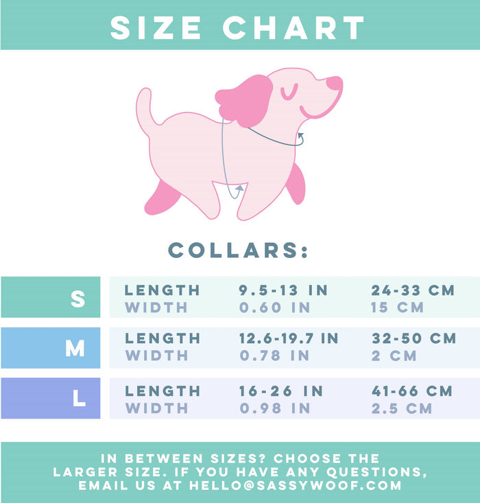 Size chart for Sassy Woof’s Dog Collar Three Piece Bundle - Neon Blue, available in small, medium, and large sizes with measurements listed in inches and centimeters. An illustration above the chart features a pink dog wearing a neon blue collar. Contact information is included for any sizing inquiries.