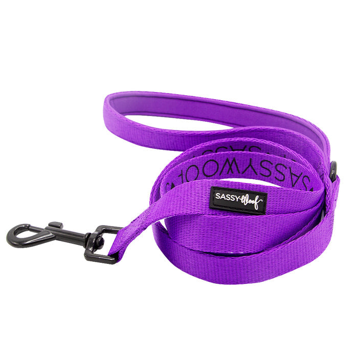 The Sassy Woof Dog Four Piece Bundle - Neon Purple features a coiled, bright purple leash with a black metal clasp and Sassy Woof label. Made of durable fabric, it pairs perfectly with the matching collar or harness for stylish, secure walks.