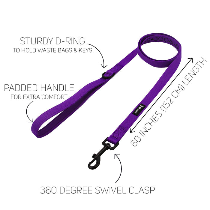 The Sassy Woof Dog Four Piece Bundle in Neon Purple features a 60-inch leash with padded handle, sturdy D-ring for waste bags/keys, and black 360° swivel clasp. Pairs perfectly with an adjustable collar for comfortable walks.