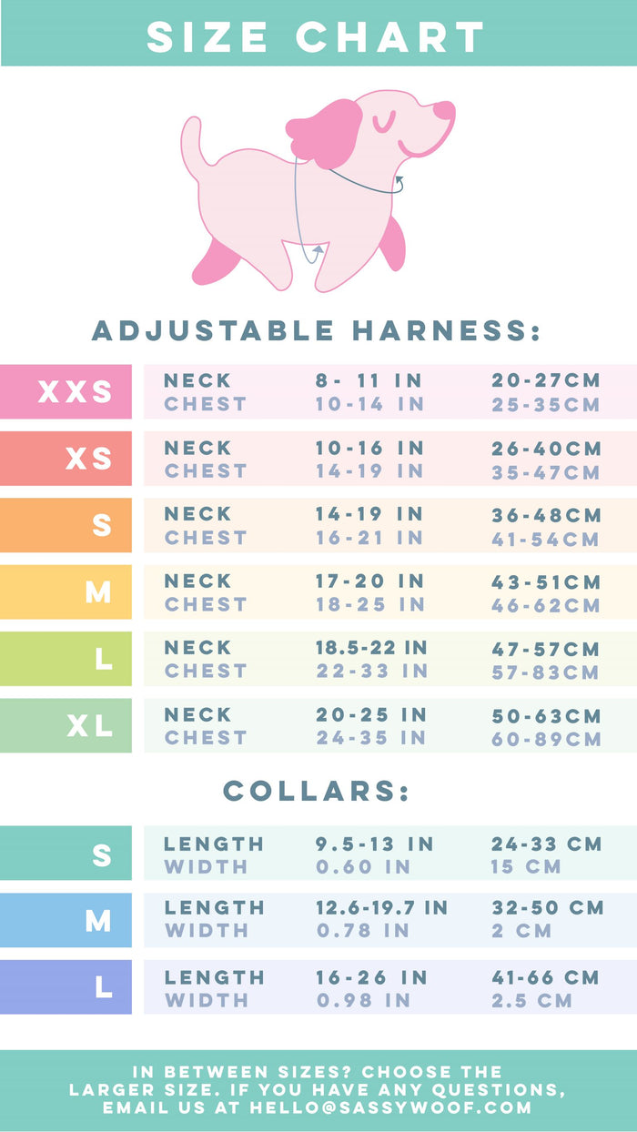 Sassy Woof Dog Four Piece Bundle - Neon Purple: Size chart for harnesses (XXS–XL, neck/chest in inches & cm) and collars (S–L, adjustable sizes), plus neon options. Includes illustration of a pink dog above the chart.