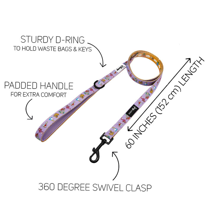 The Sassy Woof Dog Leash - Alice in Wonderland (Purple) features vibrant patterns, a padded neoprene handle, sturdy D-ring, 360° swivel clasp, and is 60 inches (152 cm) long—perfect for stylish walks.