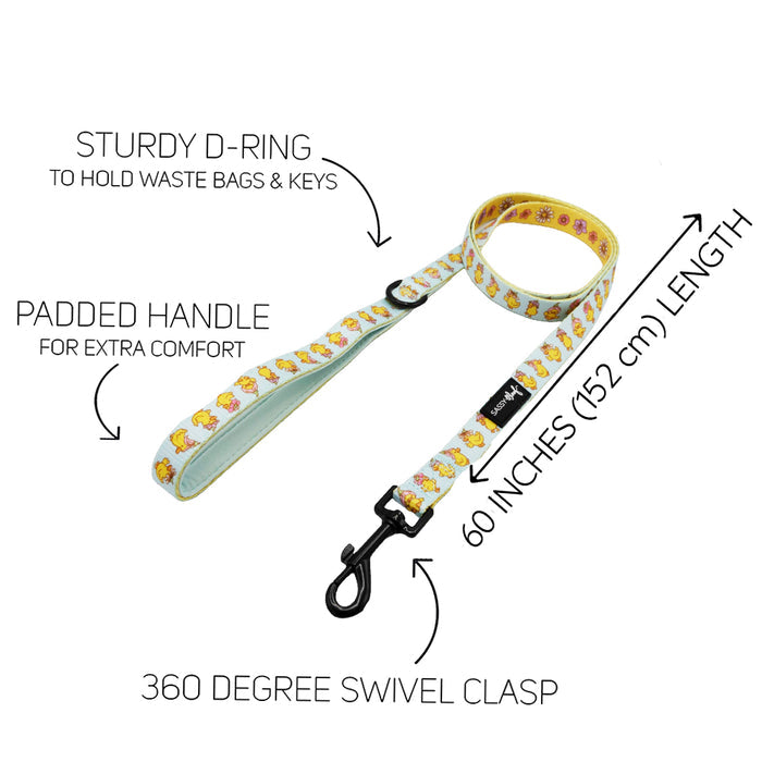 The Sassy Woof "Dog Leash - Good Duck, Babe!" features a playful duck design, neoprene comfort handle, sturdy D-ring, 60-inch (152 cm) length, and 360° swivel clasp. Labels highlight each feature on a white background.