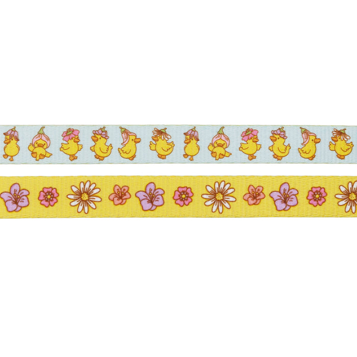 The Sassy Woof "Good Duck, Babe!" dog leash features a top ribbon with playful ducklings in flower hats and a bottom yellow ribbon adorned with white, purple, and orange daisies, butterflies, and flowers.