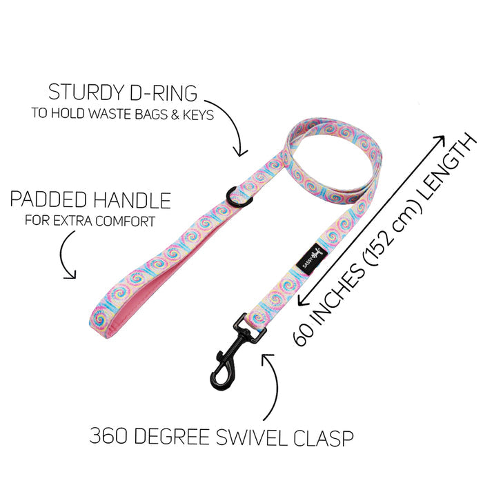 The Sassy Woof Dog Leash - Good Vibes features a vibrant tie-dye swirl design, padded handle, sturdy D-ring for bags or keys, 360° swivel clasp, and measures 60 inches (152 cm) in length.