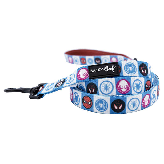 The Sassy Woof Dog Leash – Marvel’s Spider-Man features a blue and white design with cartoon characters, perfect for fans seeking a stylish and fun Marvel accessory for their pet.