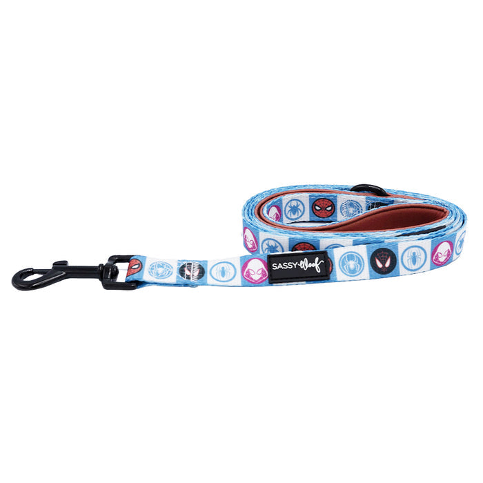 The Sassy Woof Dog Leash - Marvel’s Spider-Man is blue with cartoon icons, a black metal clip, and the Sassy Woof label—part of the Marvel pet accessories collection.