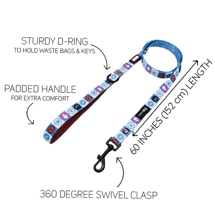 Sassy Woof’s Dog Leash - Marvel’s Spider-Man features a sturdy D-ring for waste bags or keys, a padded handle for comfort, 60-inch (152 cm) length, and a 360-degree swivel clasp.