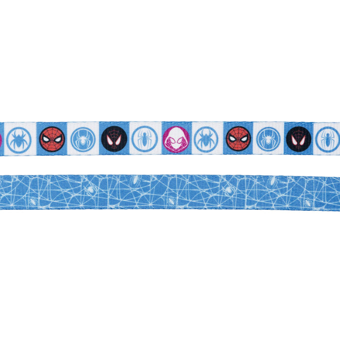 The Sassy Woof Dog Leash - Marvel’s Spider-Man features two blue ribbons: one with repeating Spider-Man, spider face icons, and a pink Spider-Gwen; the other with white web-like lines—ideal for Marvel pet accessory fans.