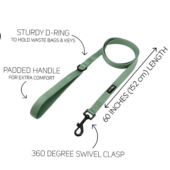 The Sassy Woof Dog Leash - Sage features a sturdy D-ring for waste bags and keys, a padded handle for comfort, 60-inch (152 cm) length, and a 360° swivel clasp—ideal to pair with the matching harness.