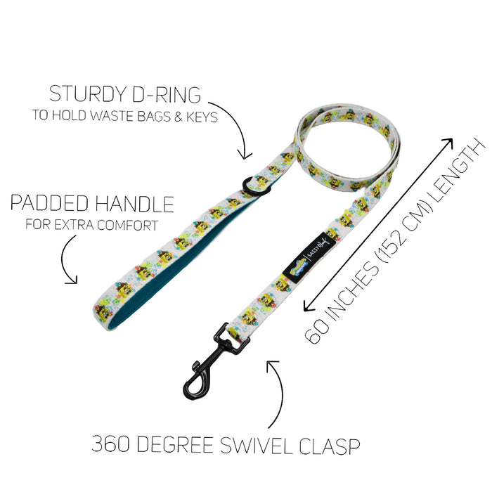 The Sassy Woof Dog Leash - SpongeBob SquarePants™ Bikini Bottom features vibrant cartoon prints, a comfy padded neoprene handle, sturdy D-ring, 360° swivel clasp, and measures 60 inches—ideal for matching with other dog accessories.