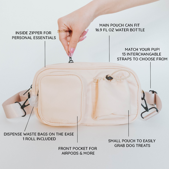 A hand unzips the Sassy Woof Dog Parent Bag + Strap, featuring a main pouch for a 16.9 fl oz bottle, inside zipper, front pocket, treat pouch, waste bag dispenser, and interchangeable straps—all clearly labeled.