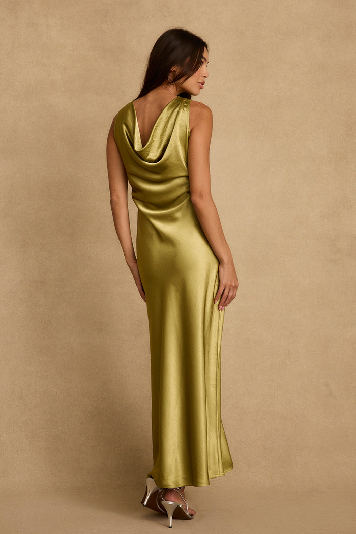 Draped cowl back on the Dolce chartreuse satin maxi dress, styled with silver heels.