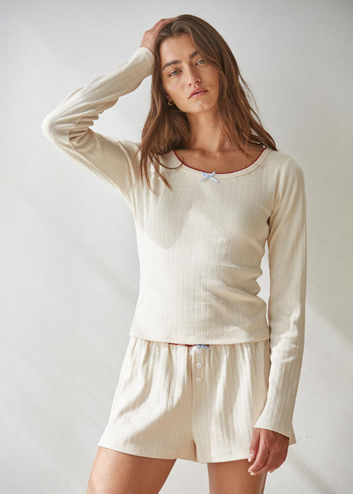 Dream Bow Pointelle Top - Cream Red