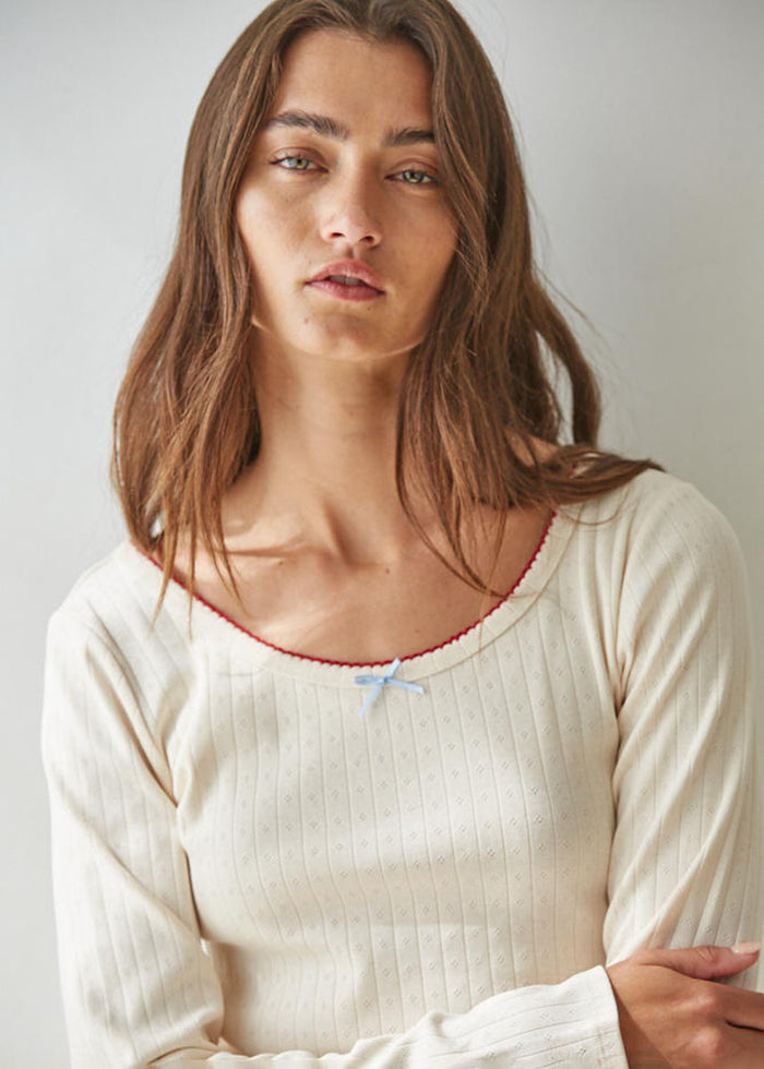Dream Bow Pointelle Top - Cream Red
