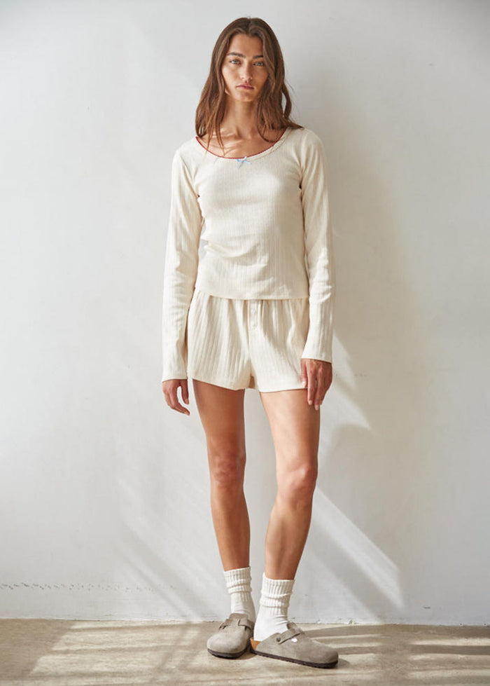 Dream Bow Pointelle Top - Cream Red