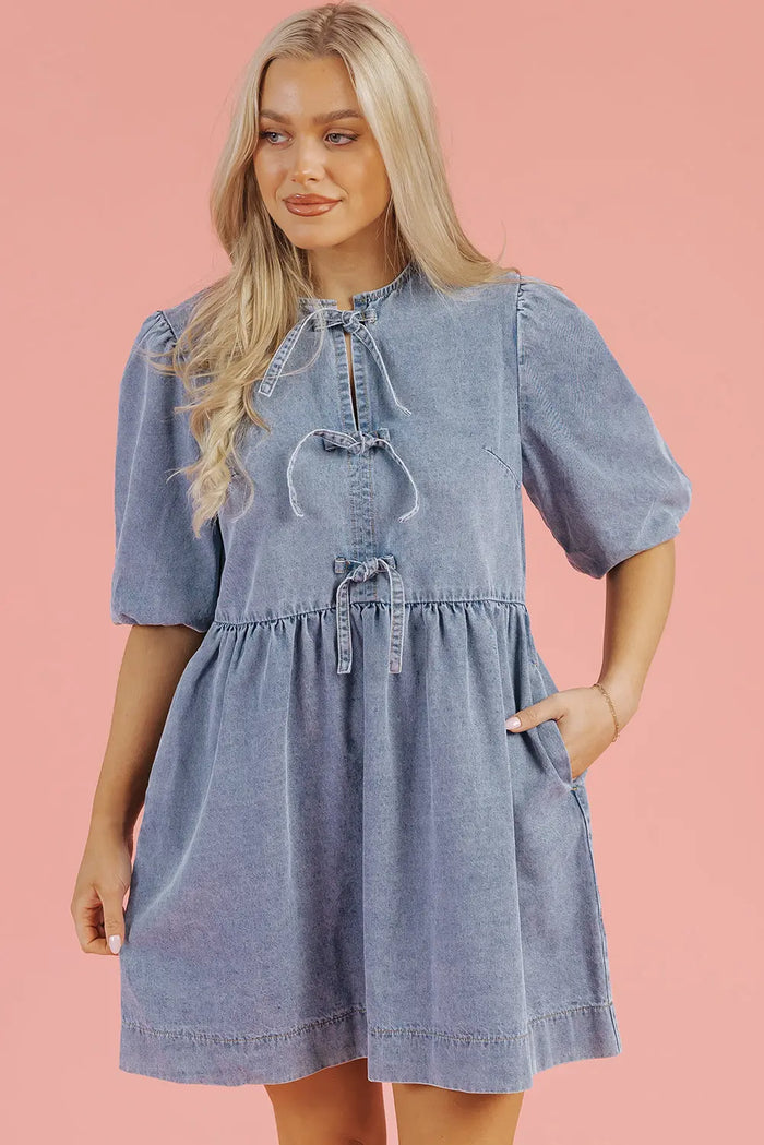 Dusk Blue Bowknot Bubble Sleeve Short Denim Dress - Dresses/Mini Dresses