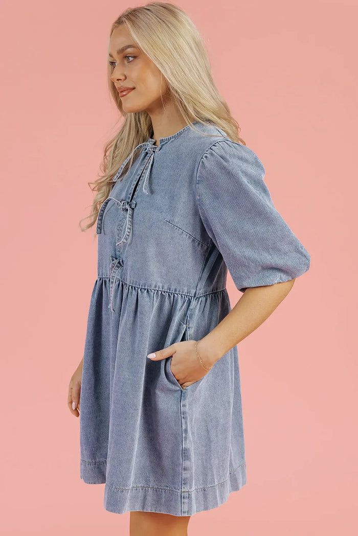 Dusk Blue Bowknot Bubble Sleeve Short Denim Dress - Dresses/Mini Dresses