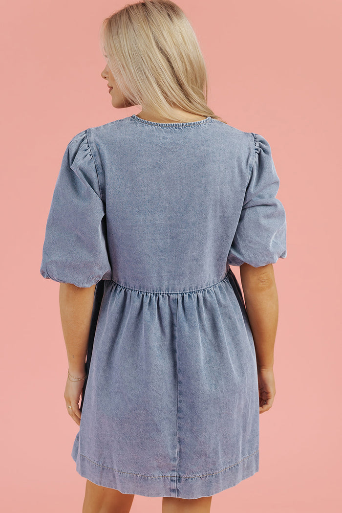 Dusk Blue Bowknot Bubble Sleeve Short Denim Dress - Dresses/Mini Dresses