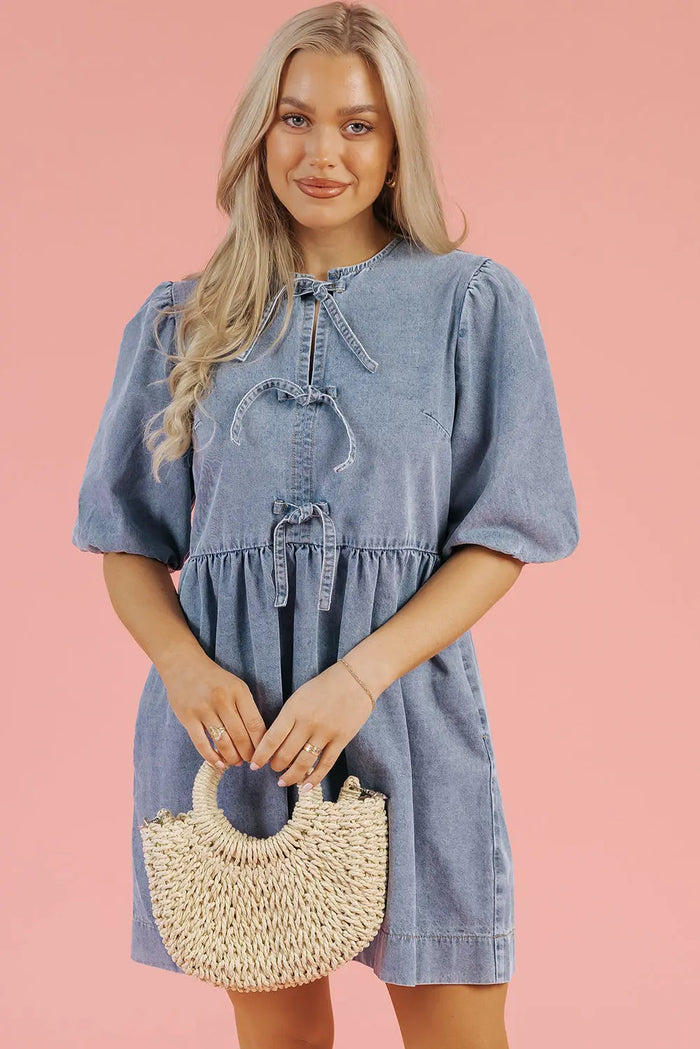 Dusk Blue Bowknot Bubble Sleeve Short Denim Dress - Dresses/Mini Dresses