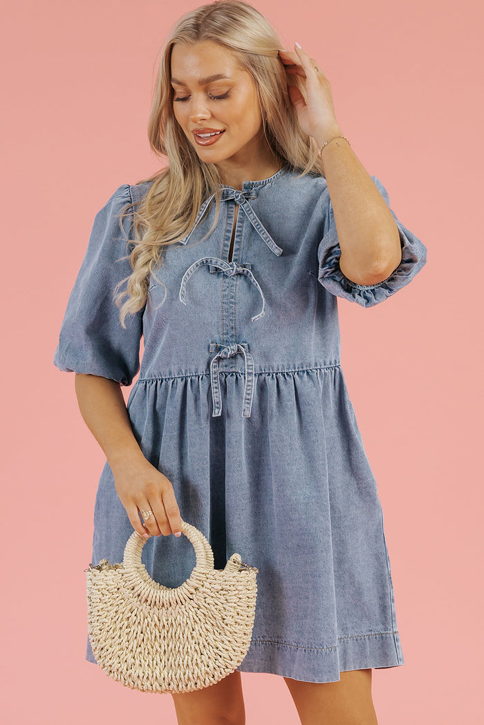 Dusk Blue Bowknot Bubble Sleeve Short Denim Dress - Dresses/Mini Dresses