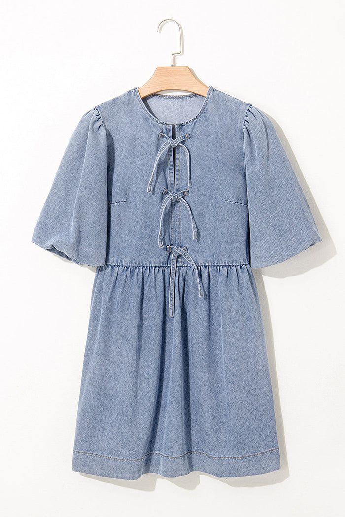Dusk Blue Bowknot Bubble Sleeve Short Denim Dress - Dresses/Mini Dresses