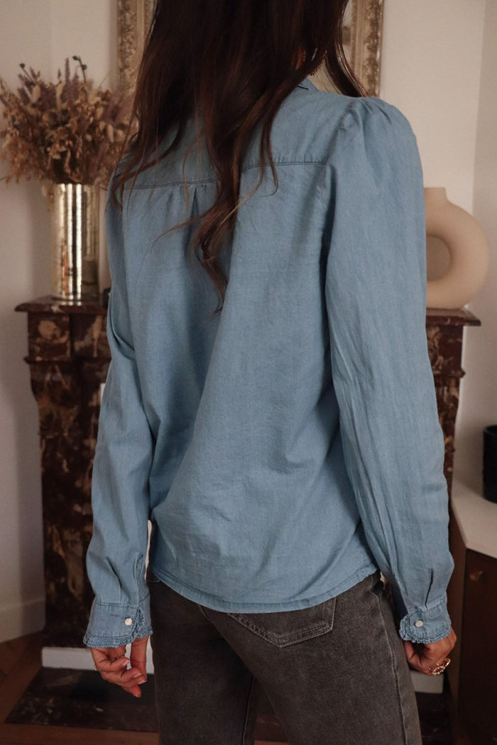 Dusk Blue Turn-down Collar Chambray Shirt - Tops/Blouses & Shirts