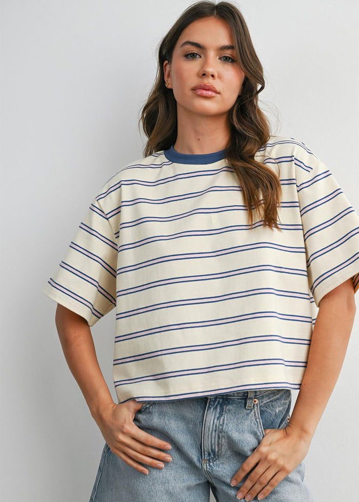 Emiko Striped Crop Tee - Ivory & Blue