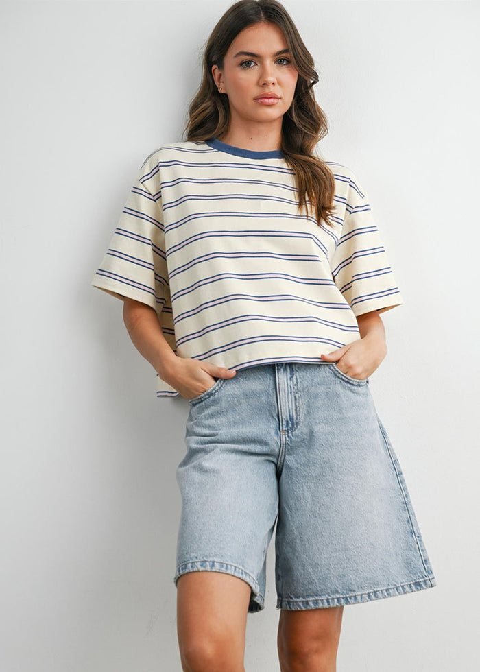 Emiko Striped Crop Tee - Ivory & Blue